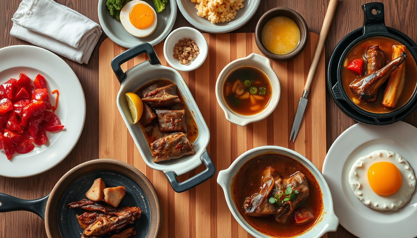 주말 옥영숙의 - flat lay of Korean local food spread with galbi and side dishes on wooden table, travel food concept