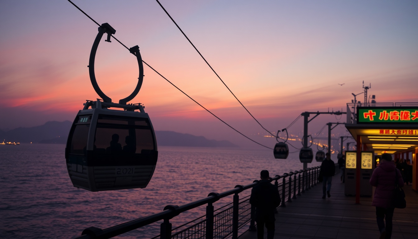시민기자 역사 - Songdo beach cable car over ocean Busan Korea, golden sunset light, scenic travel destination shot