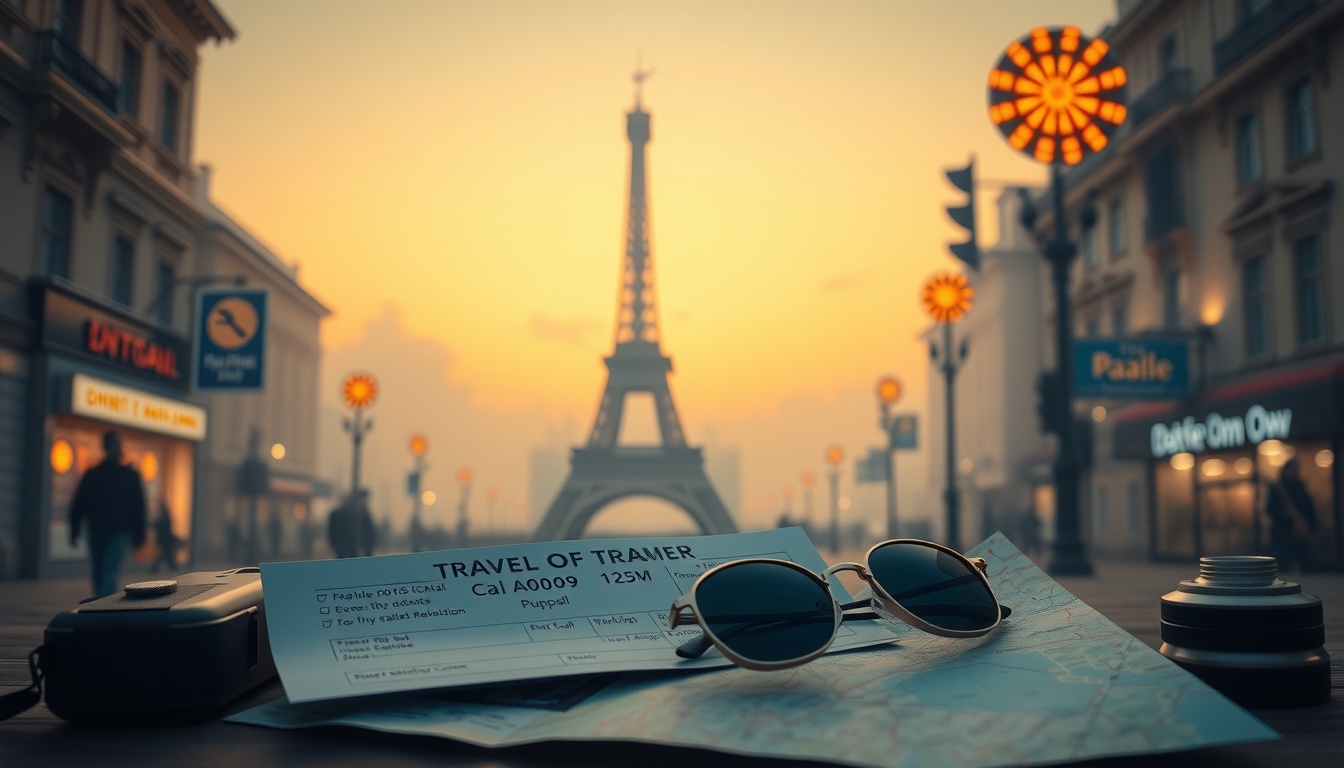 산도 바다도 - flat lay of travel essentials including train ticket, map, camera, and sunglasses on pastel background, Korean train travel concept