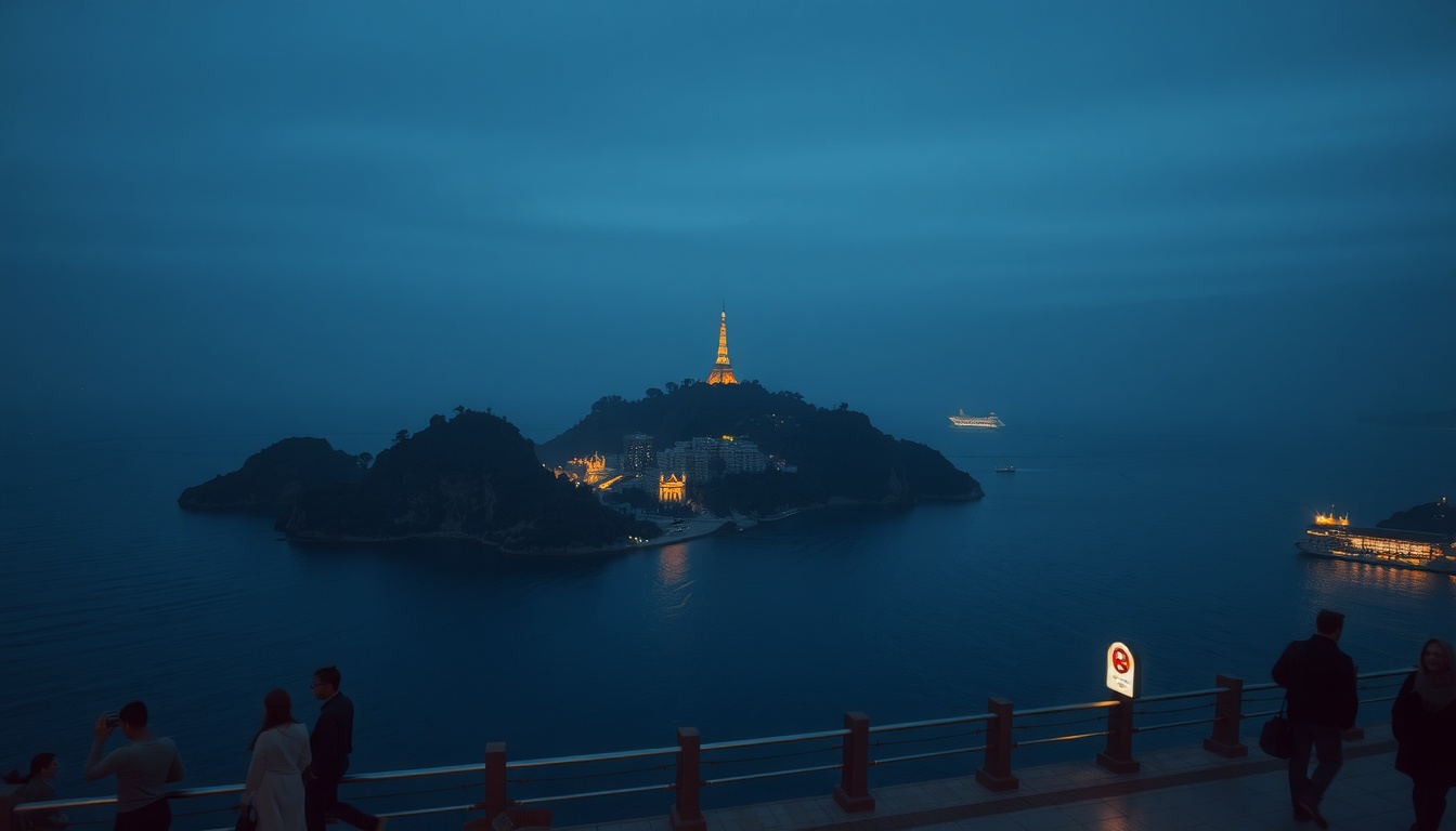 주말 오륙도의 - scenic aerial view of Oryukdo Island in Busan, South Korea, calm blue sea with small rocky islands under morning light