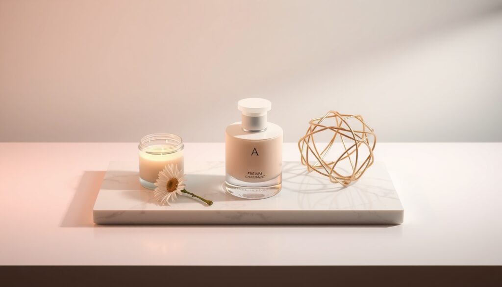 인테리어 소품 - flat lay of stylish interior decor items including candle, small plant, and woven basket on white wooden table, interior styling concept