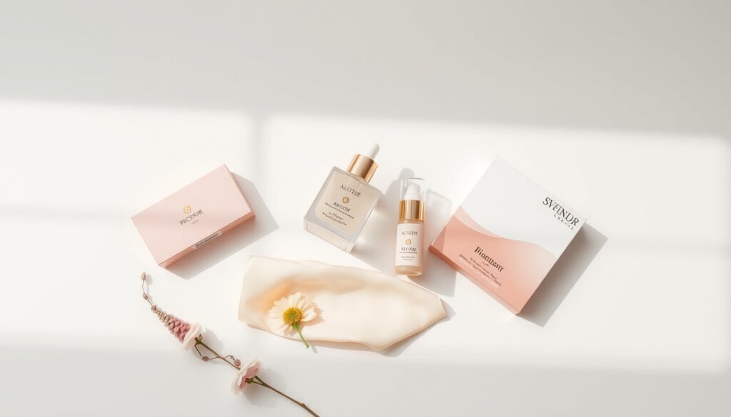 패키지 디자인 - flat lay of colorful creative package design samples on white background, modern branding concept