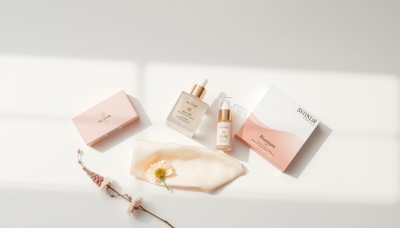 패키지 디자인 - flat lay of colorful creative package design samples on white background, modern branding concept