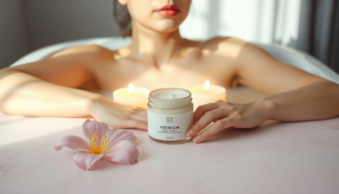 스트레스 해소 - Korean woman upper body shot with face visible, enjoying warm bath with candles and flowers, stress relief relaxation concept, natural hands