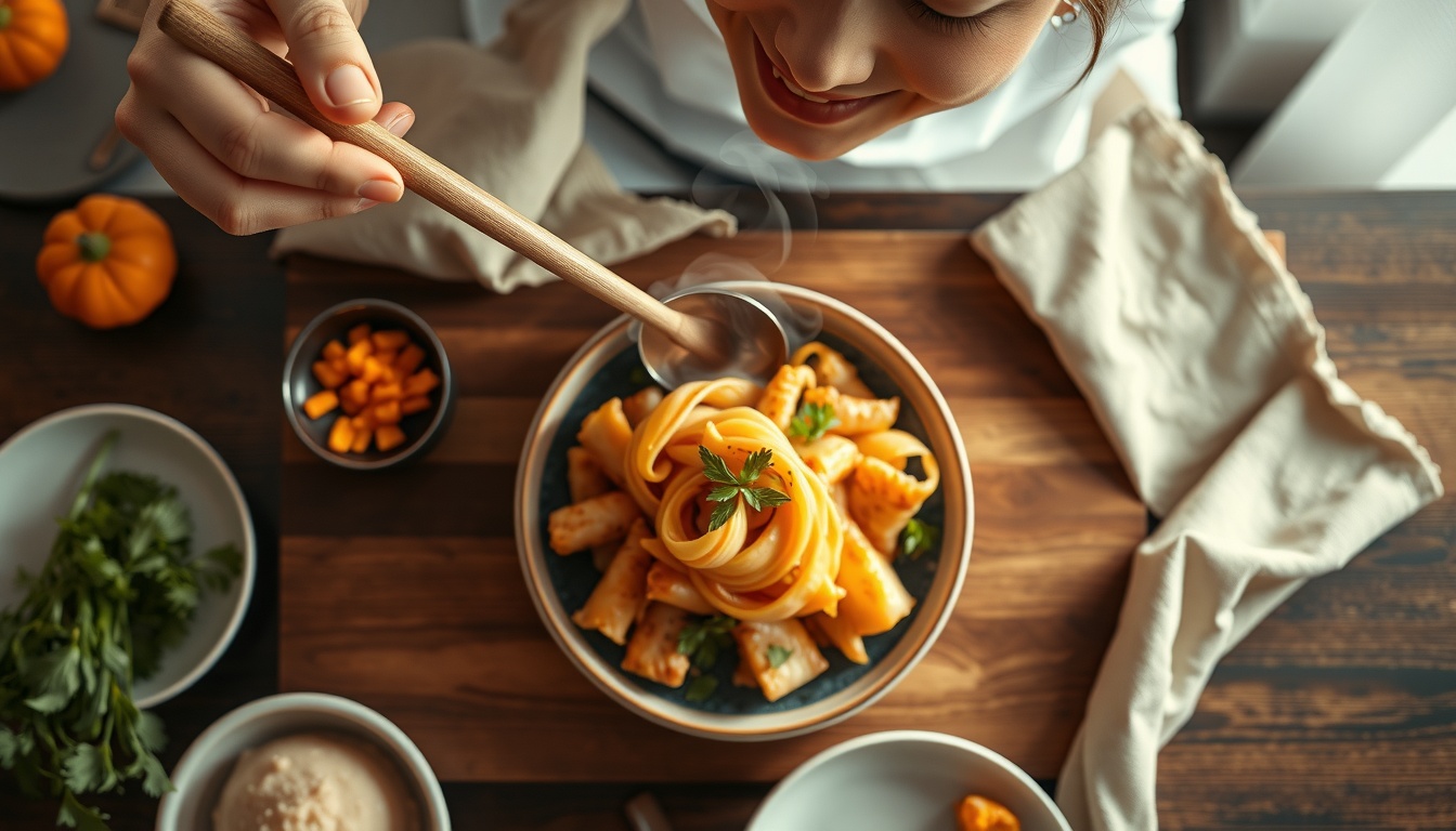 요리 레시피 - Korean woman upper body shot with face visible, smiling and cooking in bright modern kitchen, natural hands holding wooden spoon