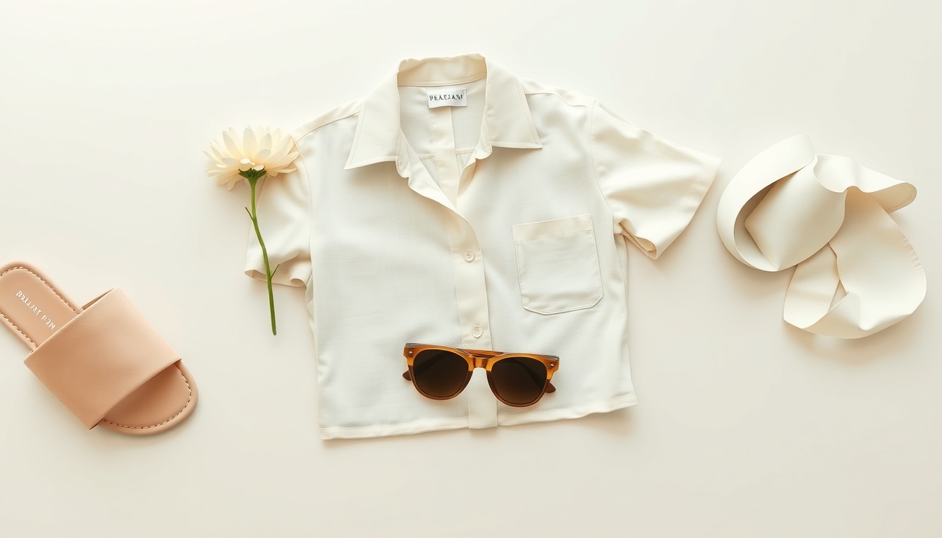 여름 코디 - flat lay of summer fashion items including linen shirt, sandals, sunglasses and straw hat on white background, summer coordination concept