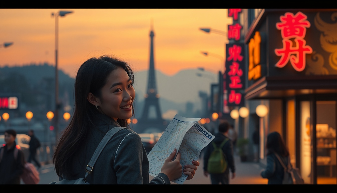 오사카 여행 - Korean woman upper body shot with face visible, smiling and holding a map in Dotonbori Osaka street with colorful neon signs in background, Osaka travel
