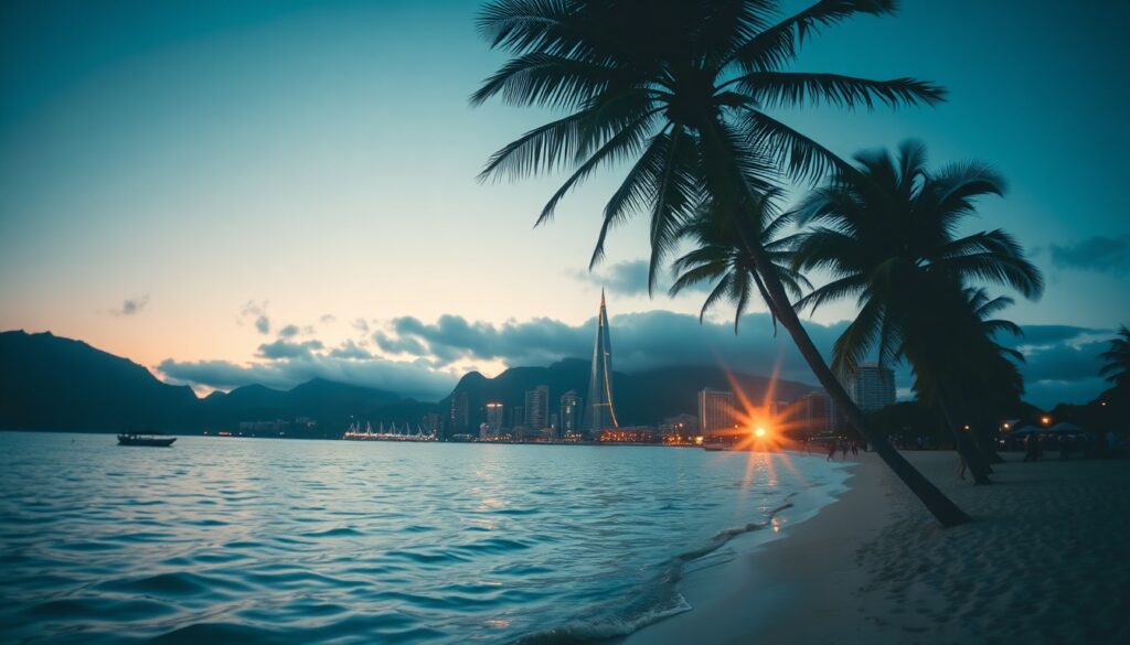 하와이 여행 - aerial view of Hawaii beach with turquoise water and palm trees, Hawaii travel destination 2026, vibrant tropical scenery