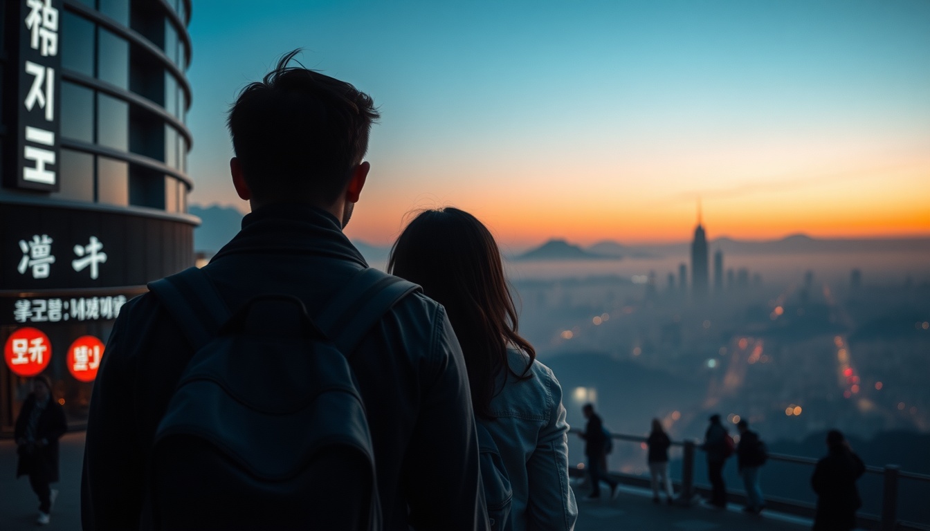 이주의 유통포인트 - Korean couple upper body shot with face visible, enjoying mountain trekking in Jeju Hallasan area, natural hands, fresh outdoor atmosphere