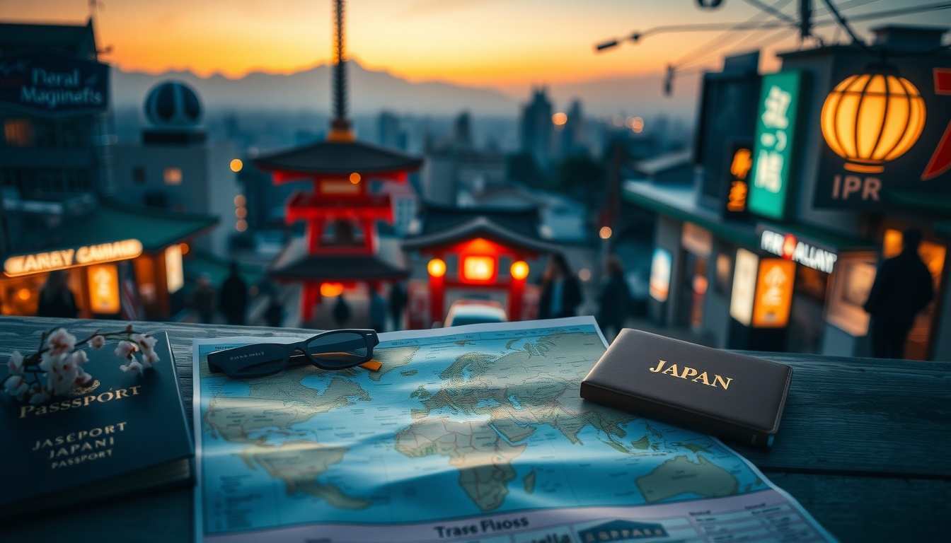 일본 여행 - flat lay of Japan travel essentials including map, passport, cherry blossom branch and camera on white background