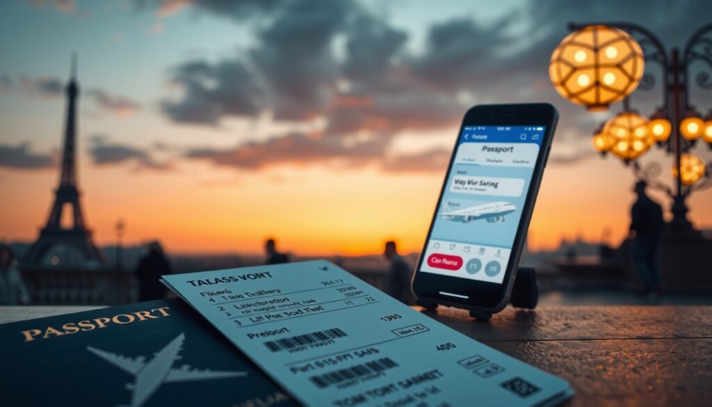 항공권 예약 - flat lay of passport, airplane ticket, and smartphone showing flight booking app on white desk, travel planning concept