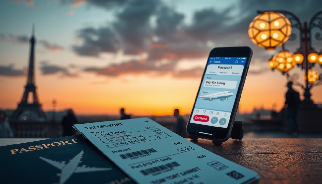 항공권 예약 - flat lay of passport, airplane ticket, and smartphone showing flight booking app on white desk, travel planning concept