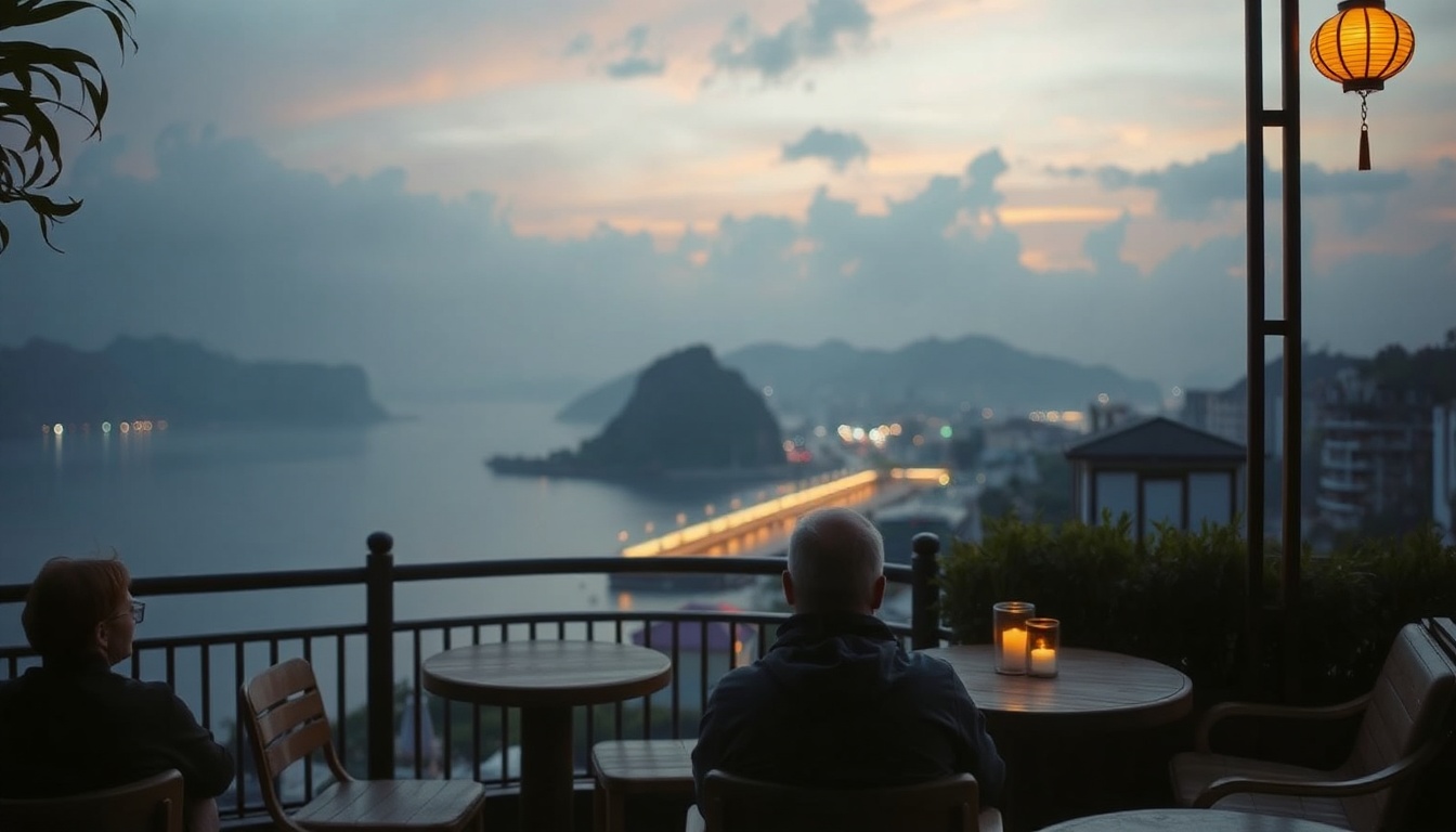 속초 여행 - cozy lakeside cafe in Sokcho with panoramic view of Chungcho Lake, travel lifestyle photography, warm atmosphere
