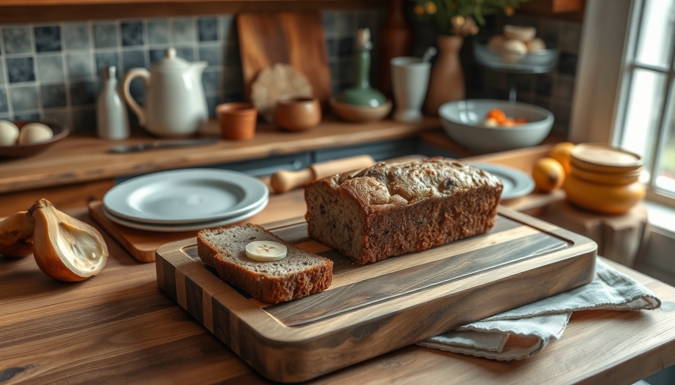 홈베이킹 - home baking banana bread freshly baked on wooden board, cozy kitchen background, warm light overhead view