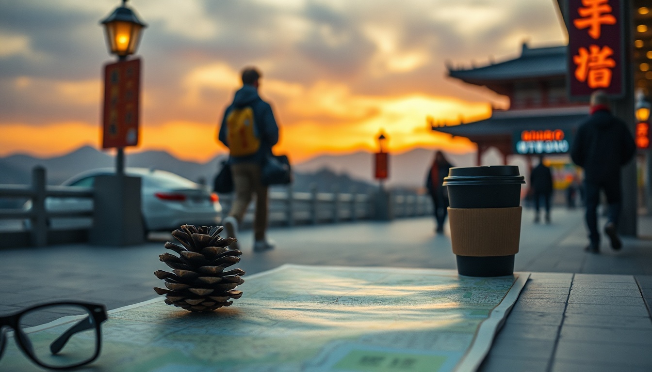 대한민국 국제 - flat lay of Gangwon-do travel essentials including map, coffee cup and pine cones on wooden table, travel planning concept