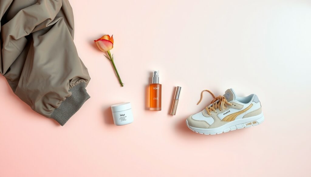 스트릿 패션 - flat lay of street fashion items including oversized jacket, chunky sneakers, cargo pants and accessories on white background, 2026 street fashion trend