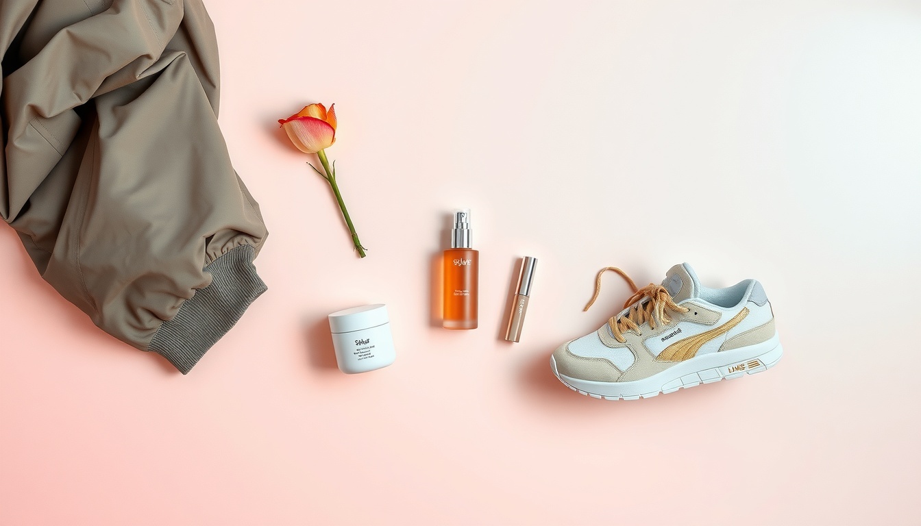 스트릿 패션 - flat lay of street fashion items including oversized jacket, chunky sneakers, cargo pants and accessories on white background, 2026 street fashion trend