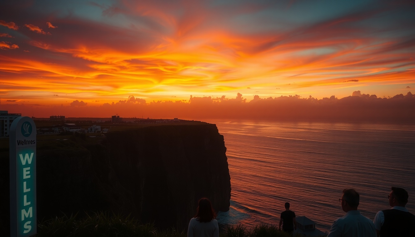 태풍 딛고 - sunset view over Guam cliffside with orange sky and calm ocean, wellness travel in Guam concept