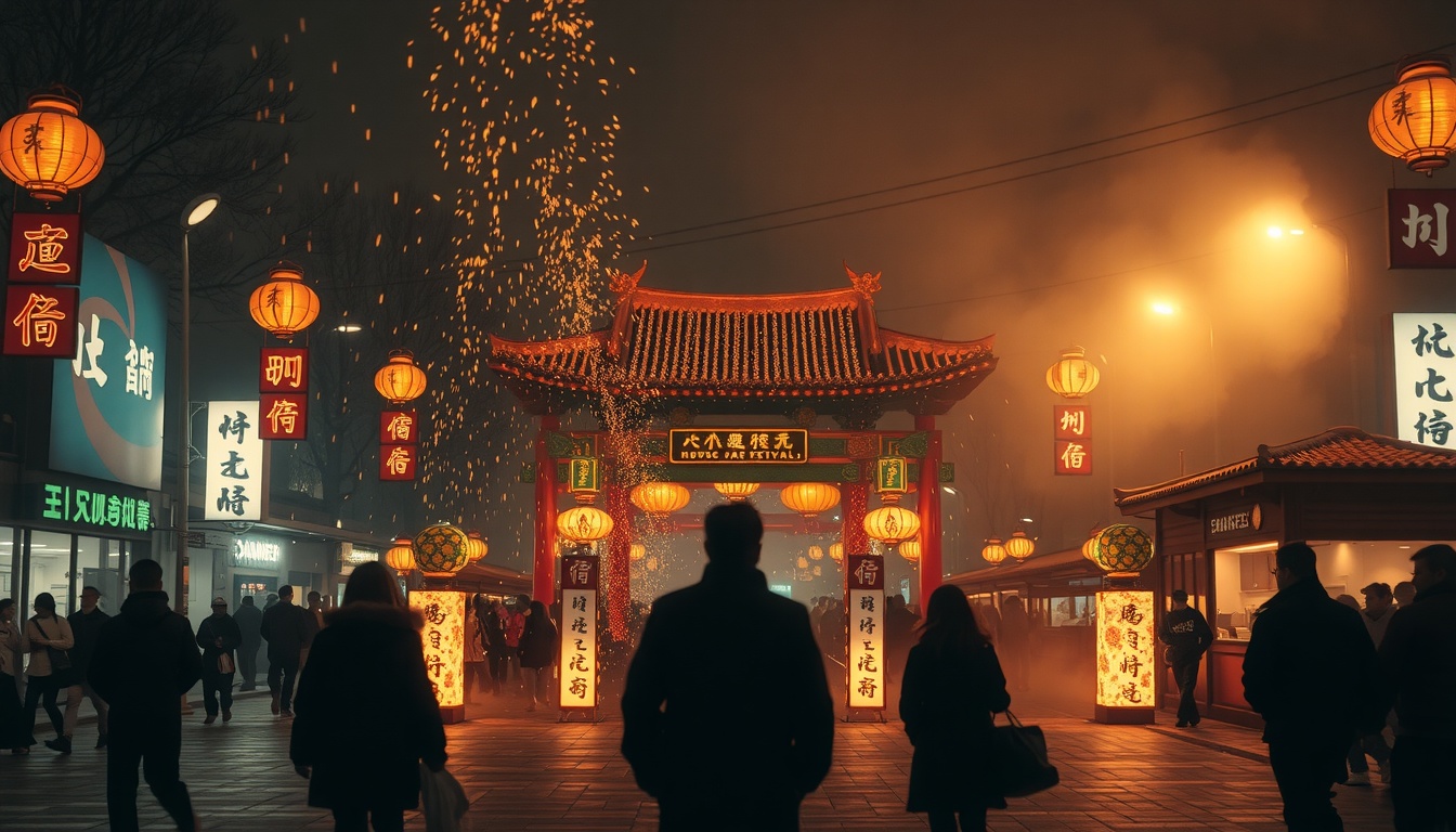 경남도 함안낙화놀이 - traditional Korean Nakhwa Festival night scene with golden fire sparks falling over a serene pond, full wide shot