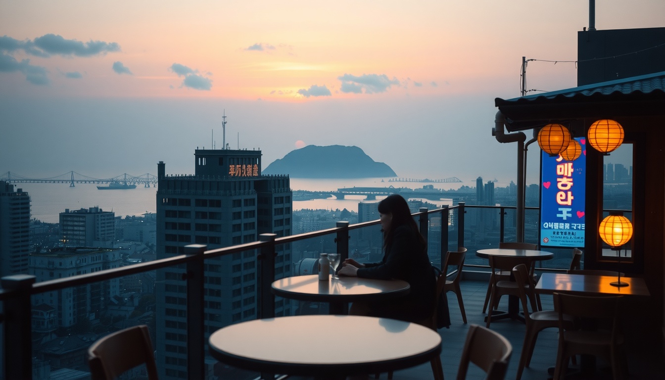 주말 오륙도의 - cozy rooftop cafe in Yongho-dong Busan with ocean view of Oryukdo Island, aesthetic interior flat lay of coffee and dessert