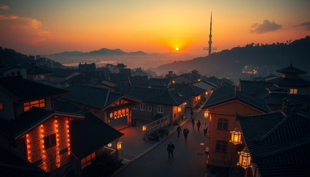 드라마 동백꽃 - aerial view of Guryongpo village in Pohang, South Korea, warm sunset light, drama filming location of When the Camellia Blooms