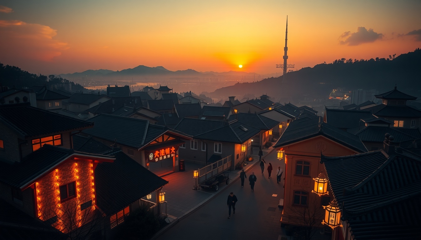 드라마 동백꽃 - aerial view of Guryongpo village in Pohang, South Korea, warm sunset light, drama filming location of When the Camellia Blooms