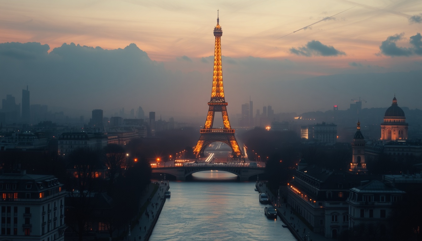 파리 여행 - aerial view of Paris travel spots including Eiffel Tower and Seine River with soft golden hour lighting