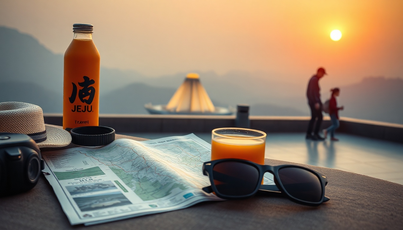 제주도 여행 - flat lay of Jeju travel essentials including map, orange juice, sunglasses, and camera on white background, Jeju Island travel concept