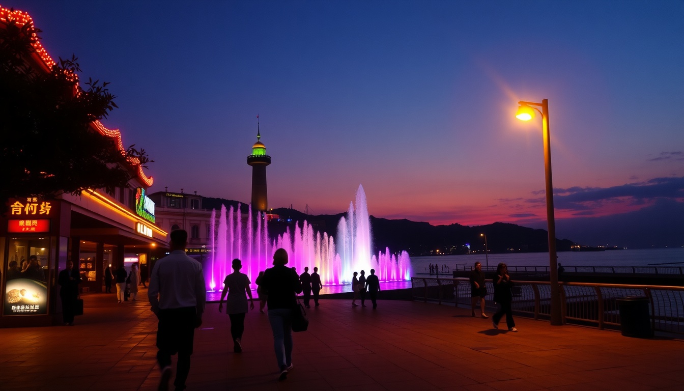 부산진해경제자유 구역청 - Dadaepo Beach sunset with colorful fountain show, romantic evening scenery in Busan, vibrant ocean view