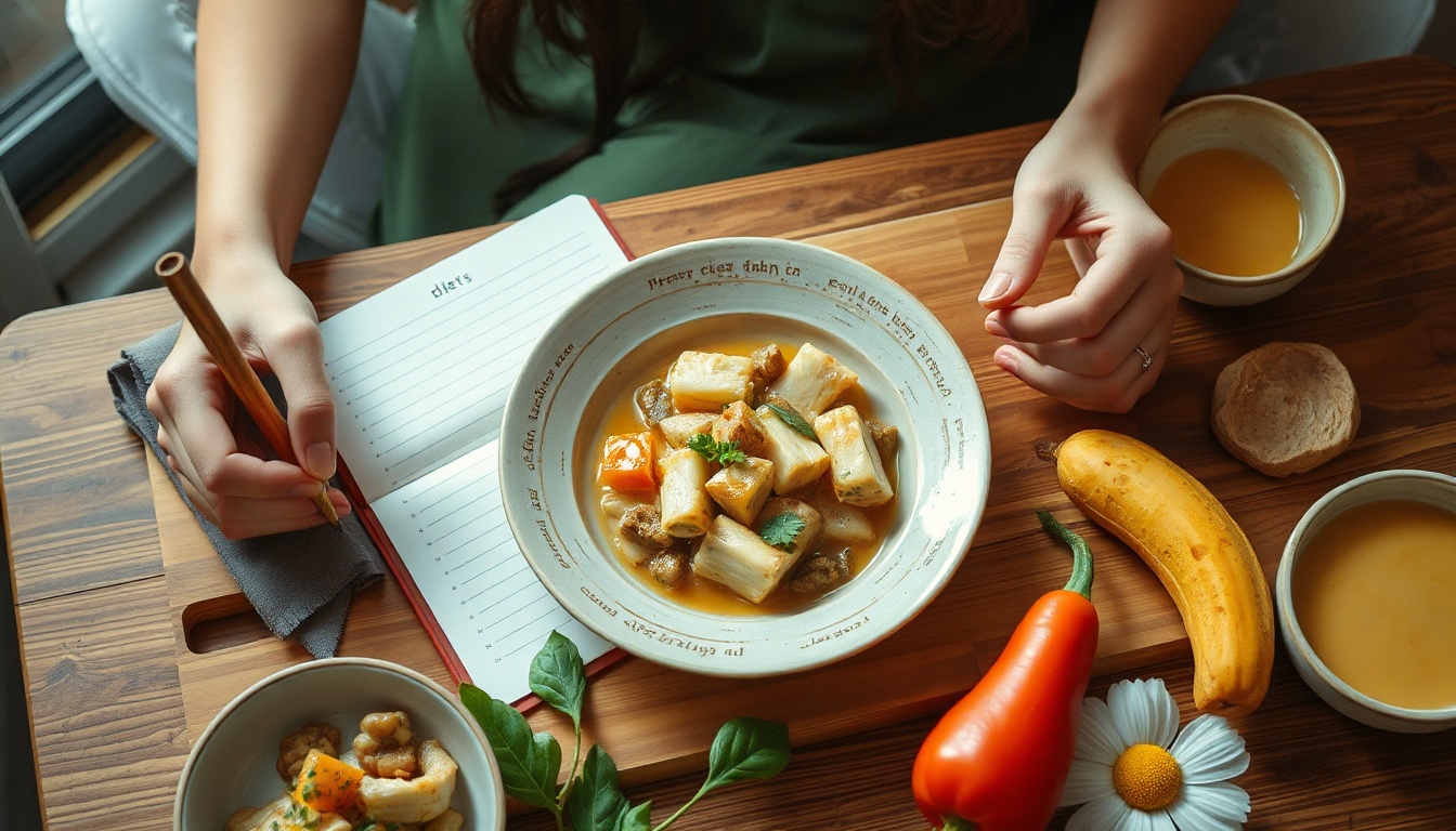 다이어트 방법 - Korean woman upper body shot with face visible, writing in a diet journal with healthy food on wooden desk, natural hands
