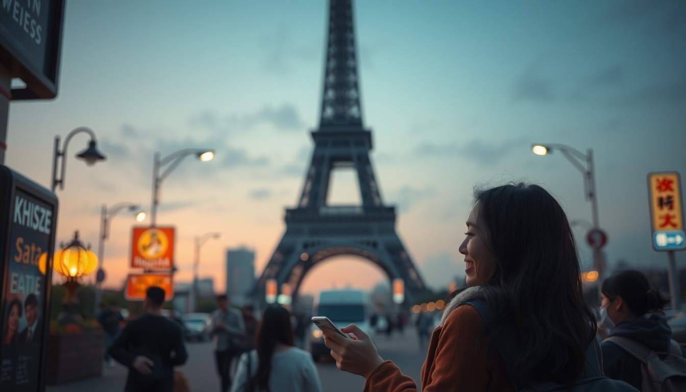 에어서울 트래블 - Korean woman upper body shot with face visible, smiling and looking at smartphone showing travel photos, with face visible natural hands, bright natural light indoor setting