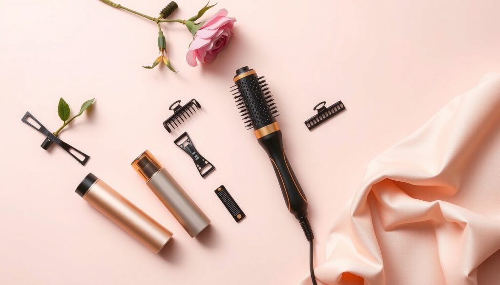 헤어 스타일 - flat lay of hair styling tools including brush, clips, and hairspray on pastel background, trendy hair style concept 2026