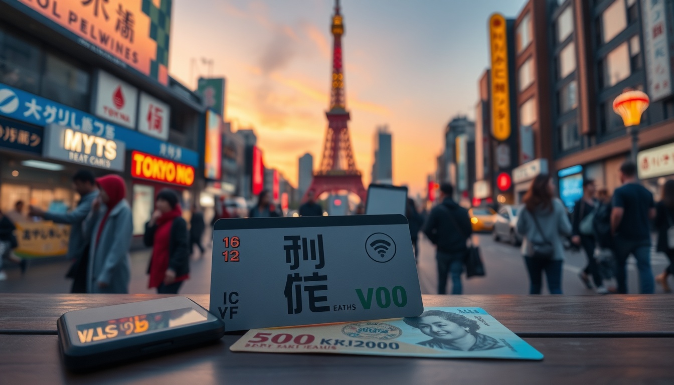 도쿄 여행 - flat lay of Tokyo travel essentials including IC card, pocket wifi, Japanese yen, and tourist map on pastel background