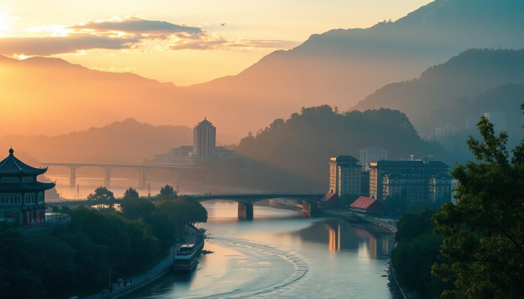 고유가 고물가 - aerial view of Danyang riverside summer landscape with green mountains and Han River, travel destination concept