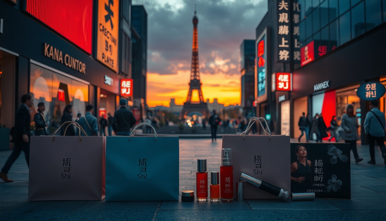 신세계백화점 상반기 - flat lay of luxury shopping bags and cosmetics from Korean department store, Shinsegae shopping travel concept