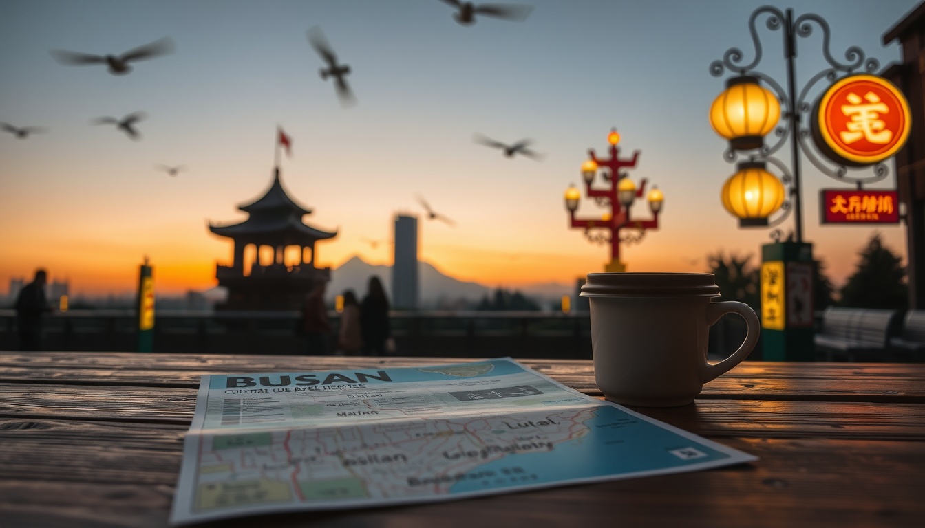 세계유산 국제무대 - flat lay of Busan travel map, cultural heritage brochure, and coffee cup on wooden table, world heritage travel concept