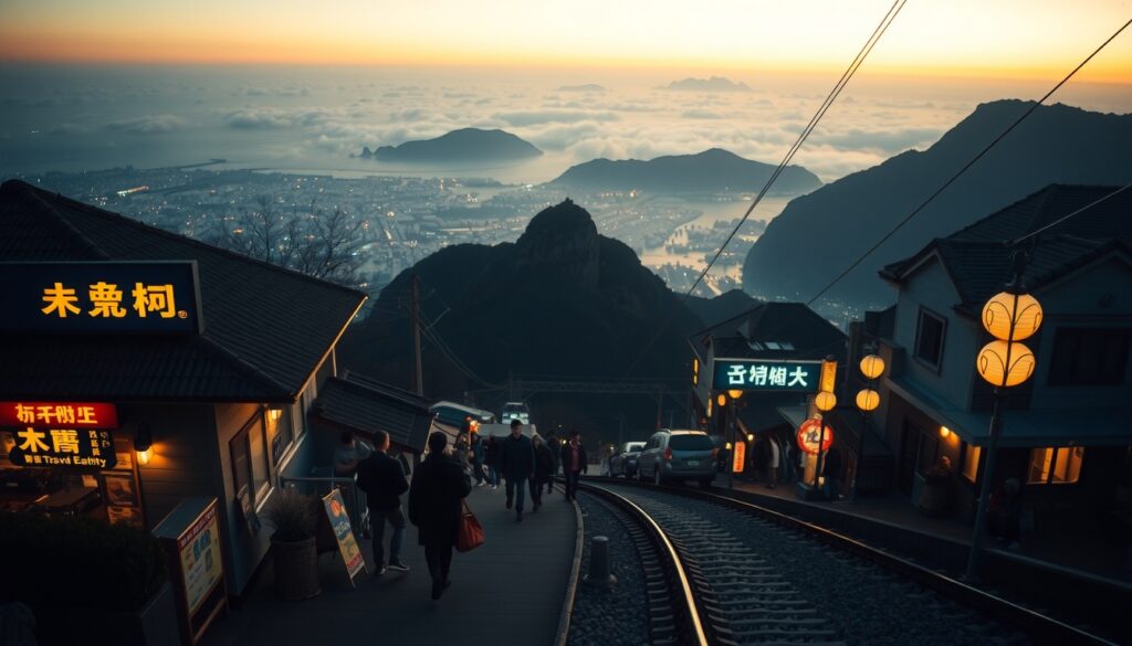 산도 바다도 - aerial view of Korean mountain and ocean scenery with train track, travel destination concept, warm sunlight