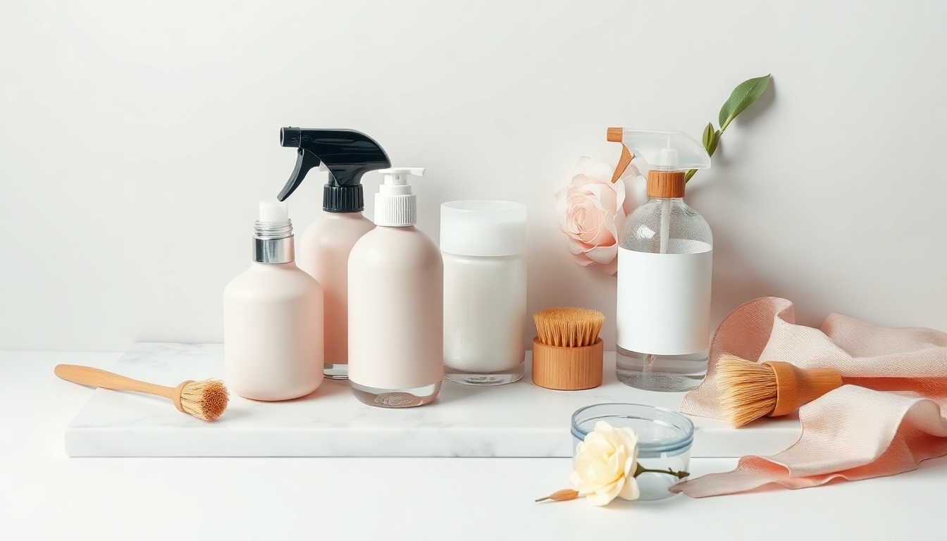 청소 꿀팁 - flat lay of eco-friendly cleaning supplies, brushes and spray bottles on white surface, cleaning tips concept