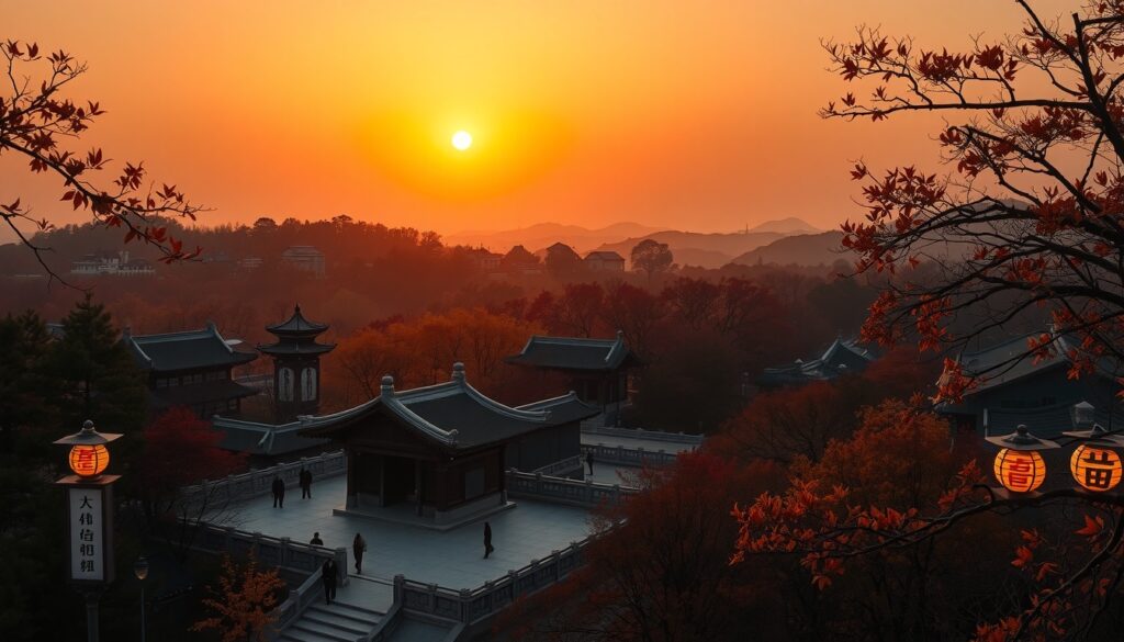 경주 여행 - aerial view of Gyeongju Bulguksa Temple surrounded by autumn foliage, golden hour lighting, travel destination concept