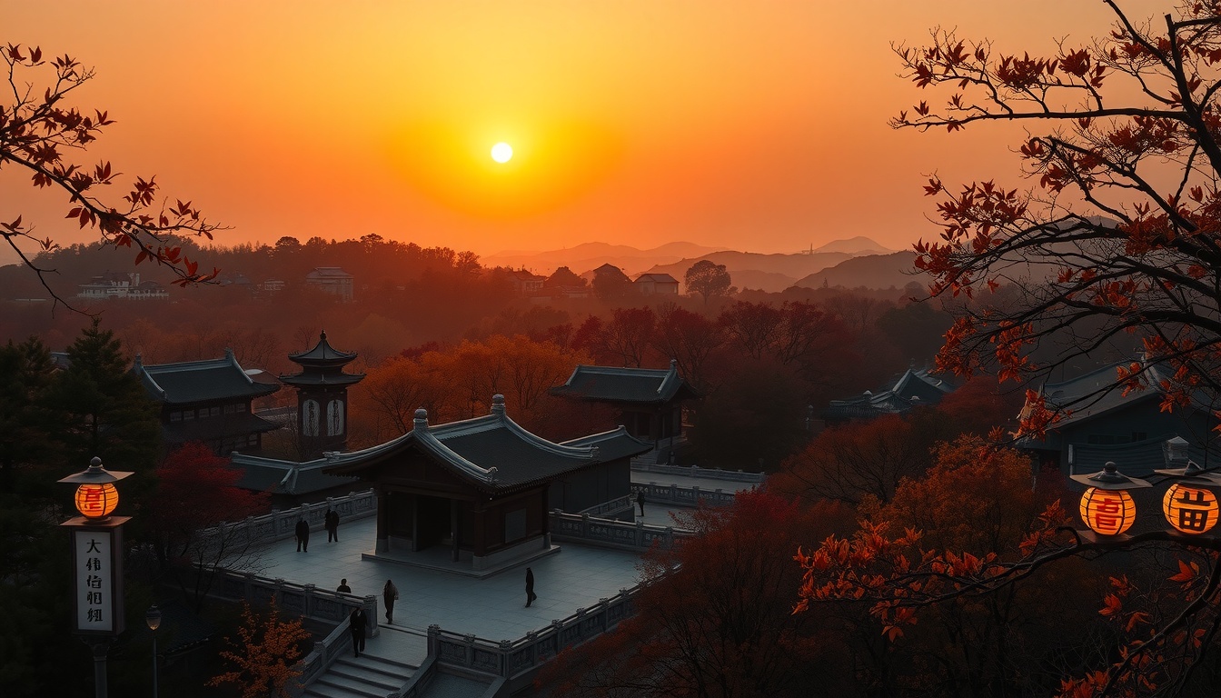 경주 여행 - aerial view of Gyeongju Bulguksa Temple surrounded by autumn foliage, golden hour lighting, travel destination concept
