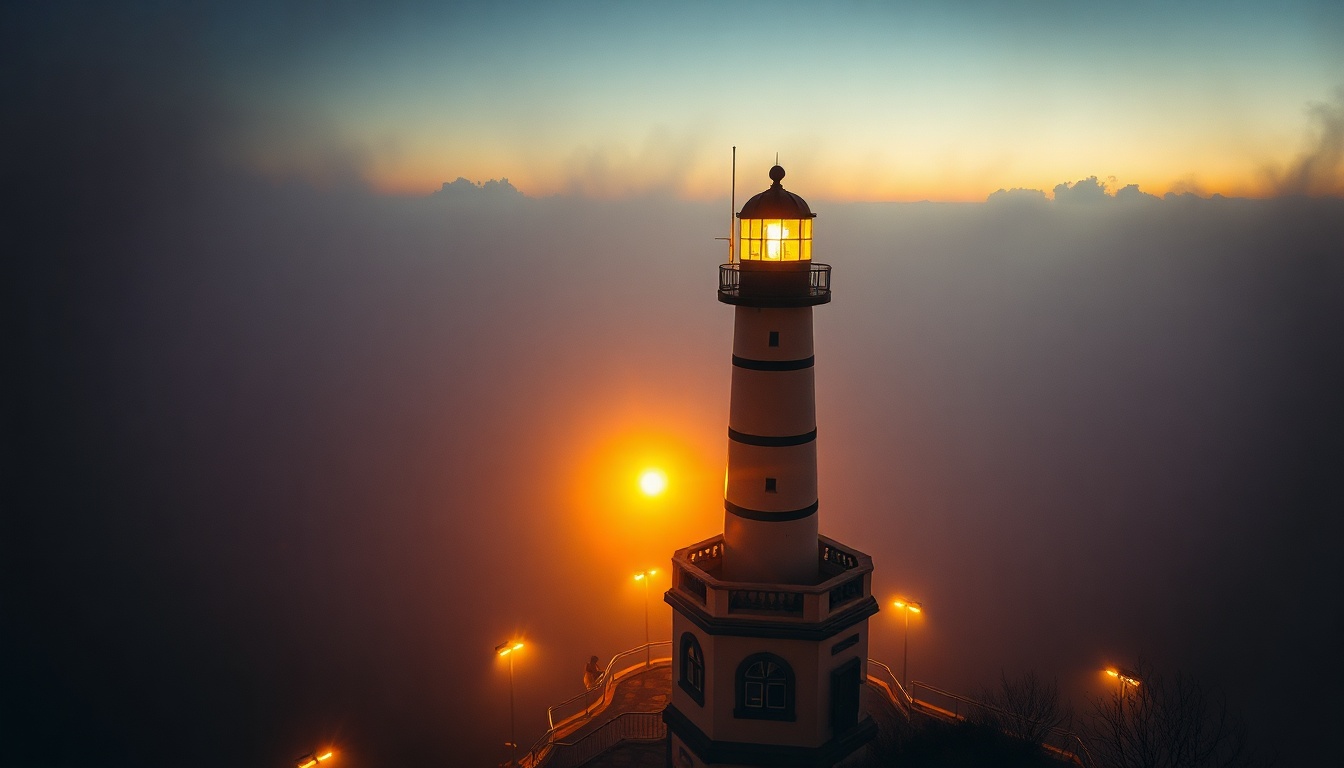 경북문화관광공사 여행 - aerial view of a lighthouse on the East Sea coast of Gyeongbuk, South Korea, golden hour light, travel destination concept