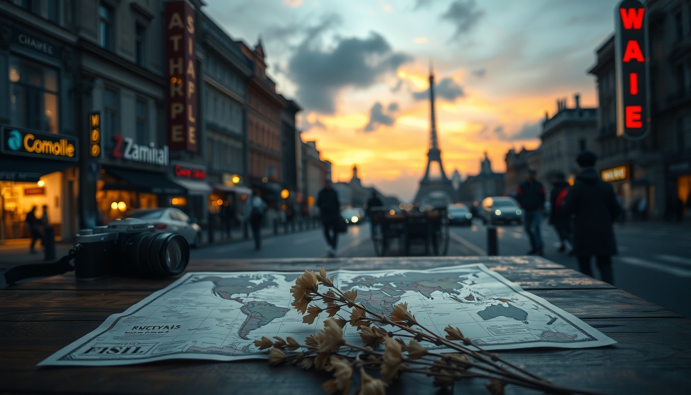 예스러움 품고 - flat lay of vintage travel map, film camera, and dried flowers on wooden table, nostalgic Korean travel concept