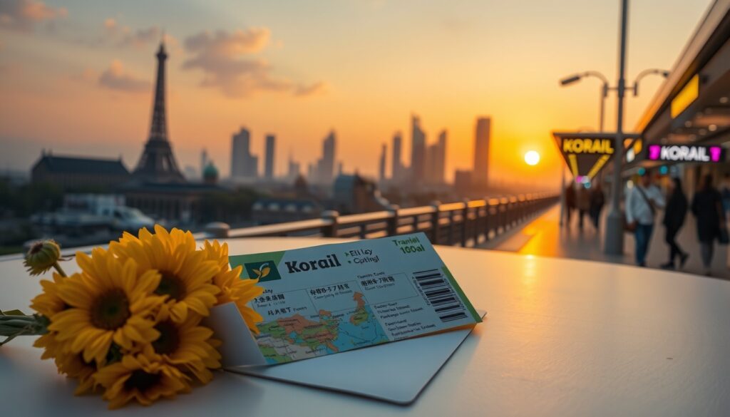 코레일관광개발 여름 - flat lay of train ticket, travel map, and summer flowers on white desk, Korail tourism summer travel concept