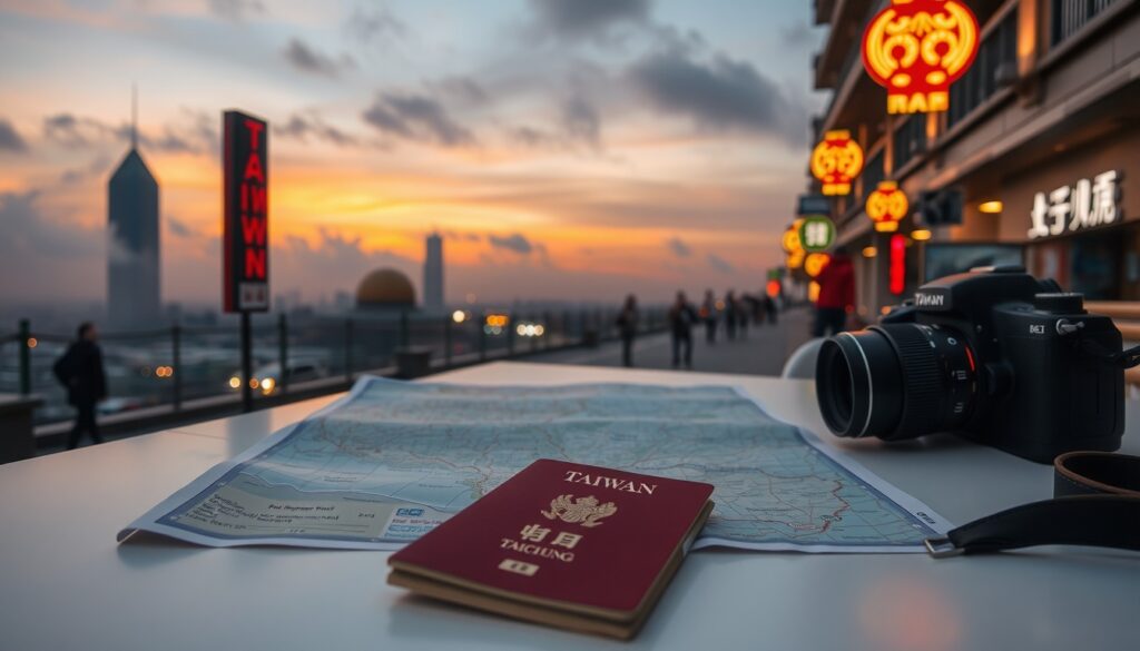 현장 타이중 - flat lay of Taiwan travel map, passport, and camera on white desk, Taichung travel concept