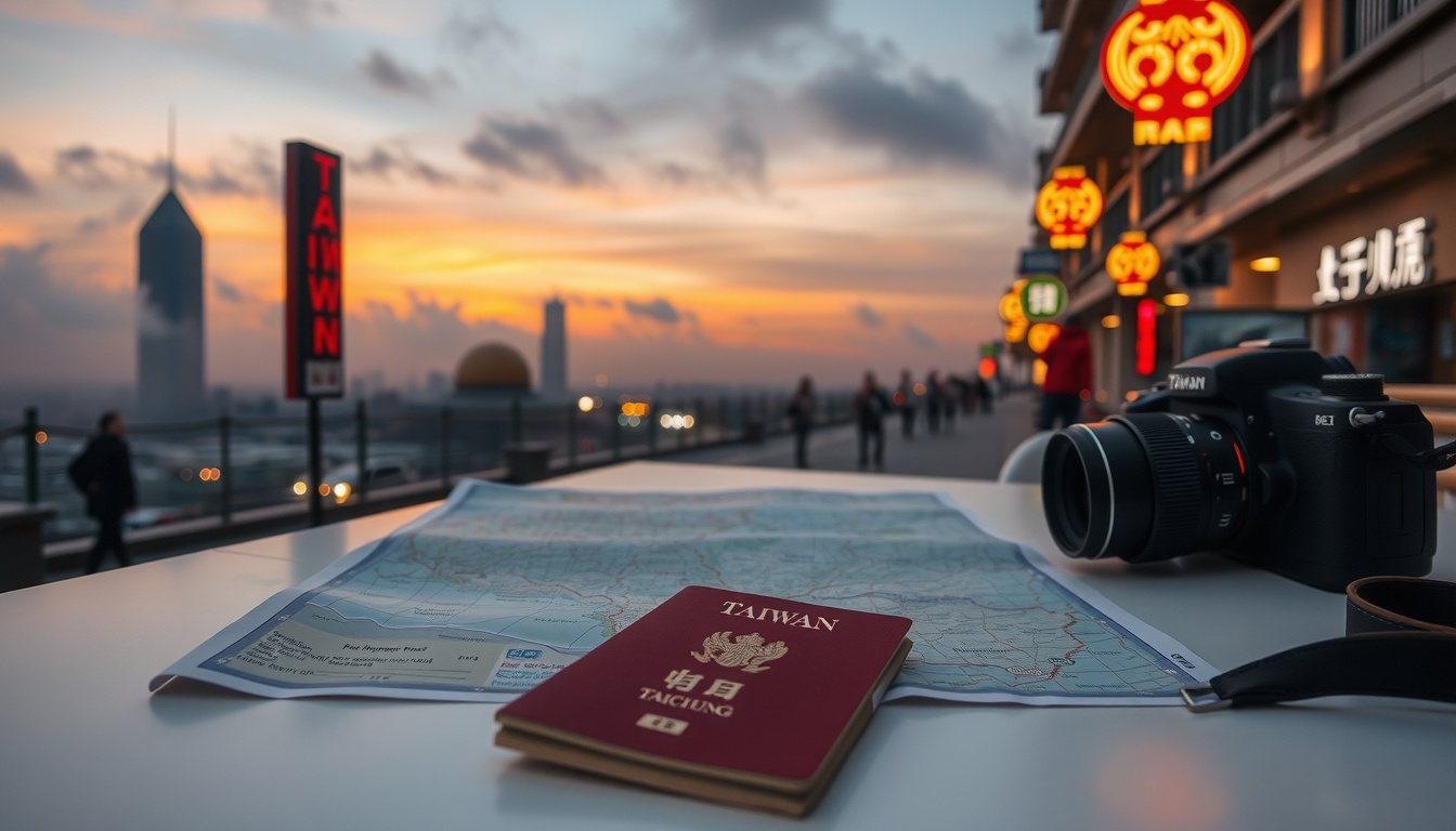 현장 타이중 - flat lay of Taiwan travel map, passport, and camera on white desk, Taichung travel concept