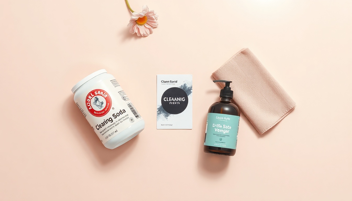 청소 꿀팁 - flat lay of cleaning tools including baking soda, vinegar bottle, and microfiber cloth on pastel background, smart cleaning tips concept