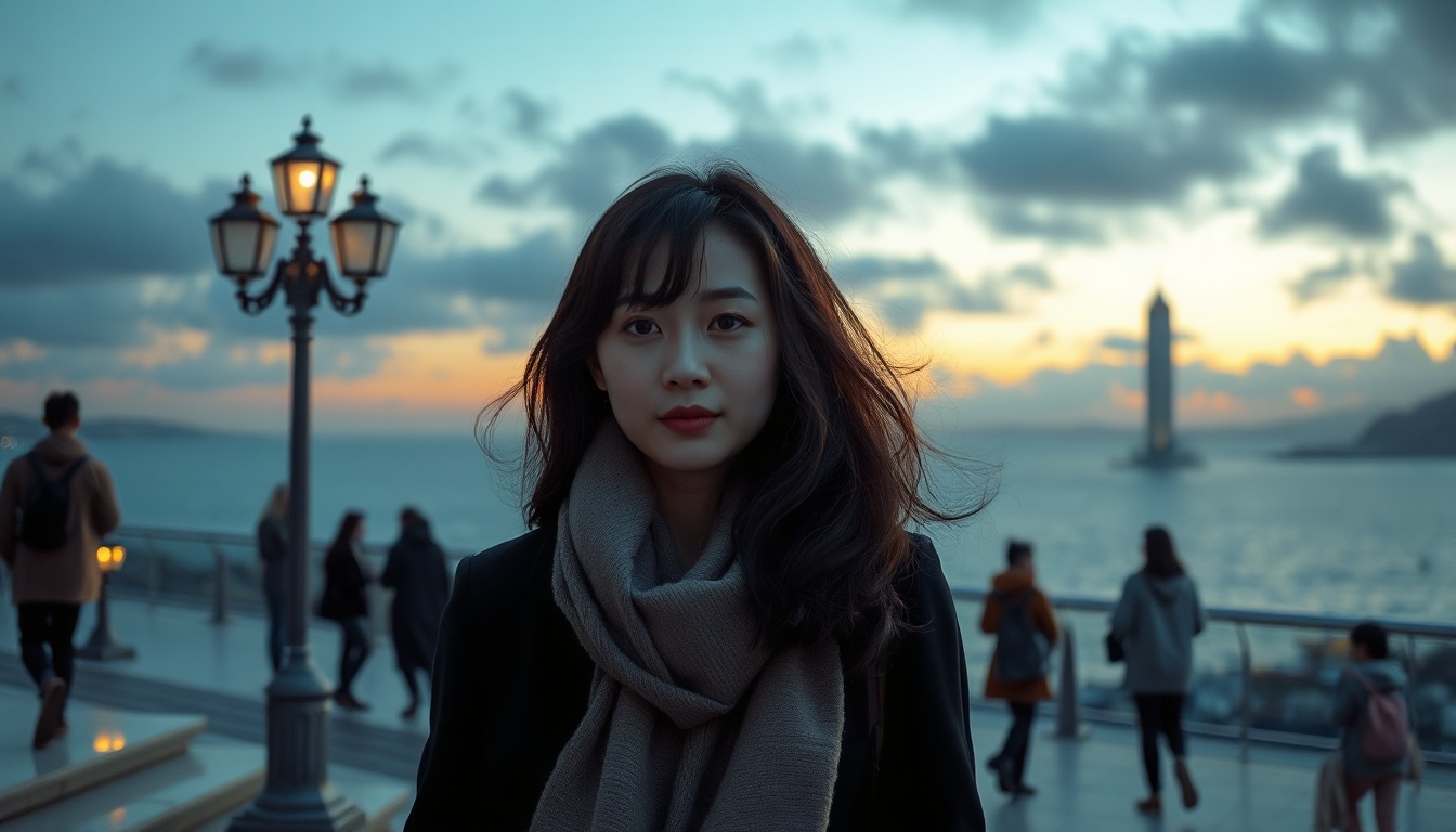 라이프 트렌드 - Korean woman full body shot with face visible, standing on scenic coastal viewpoint in summer outfit, travel lifestyle trend