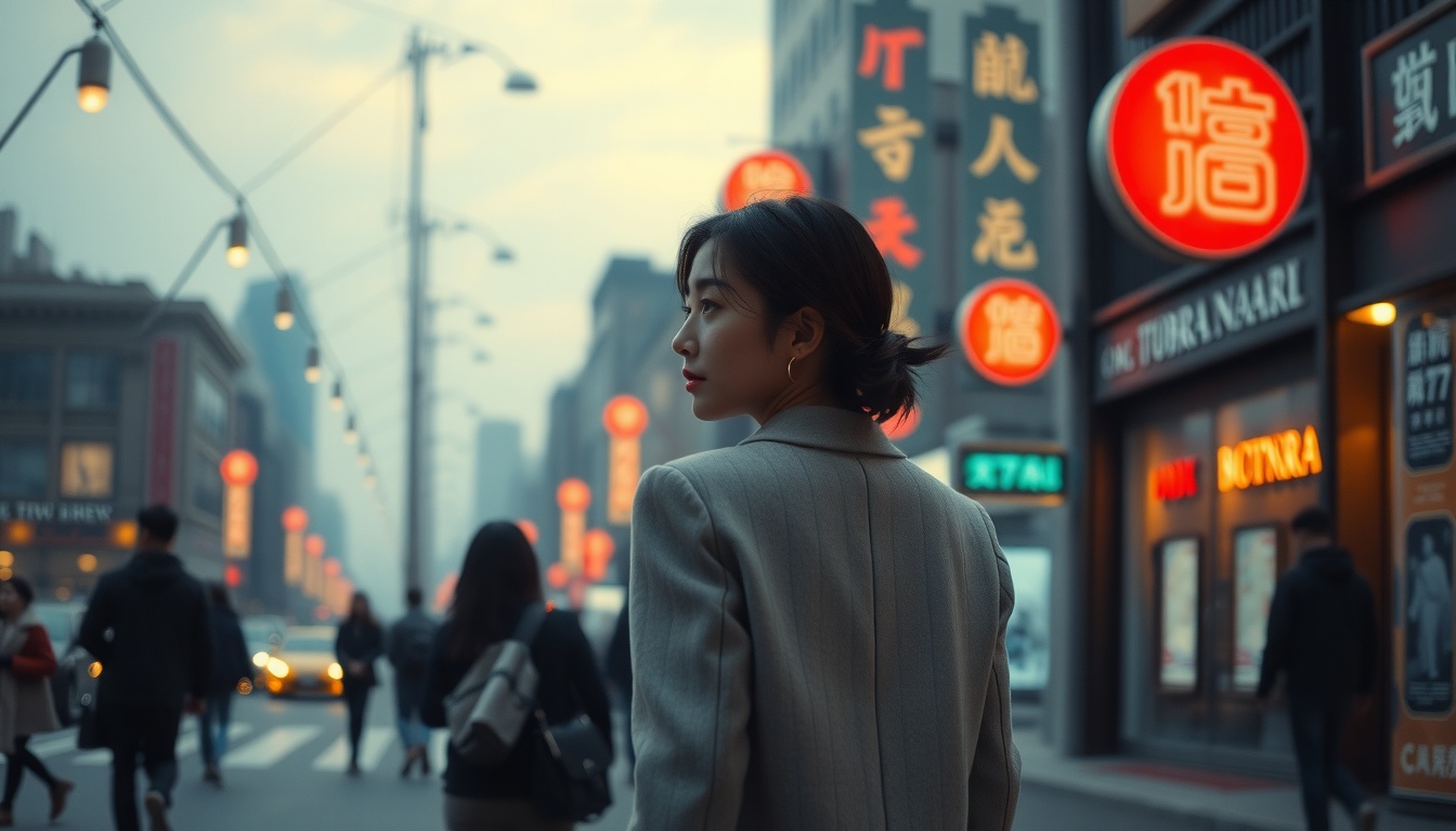 주말 일이면 - Korean woman full body shot with face visible, walking in a stylish urban street in Seoul, casual travel outfit, natural background