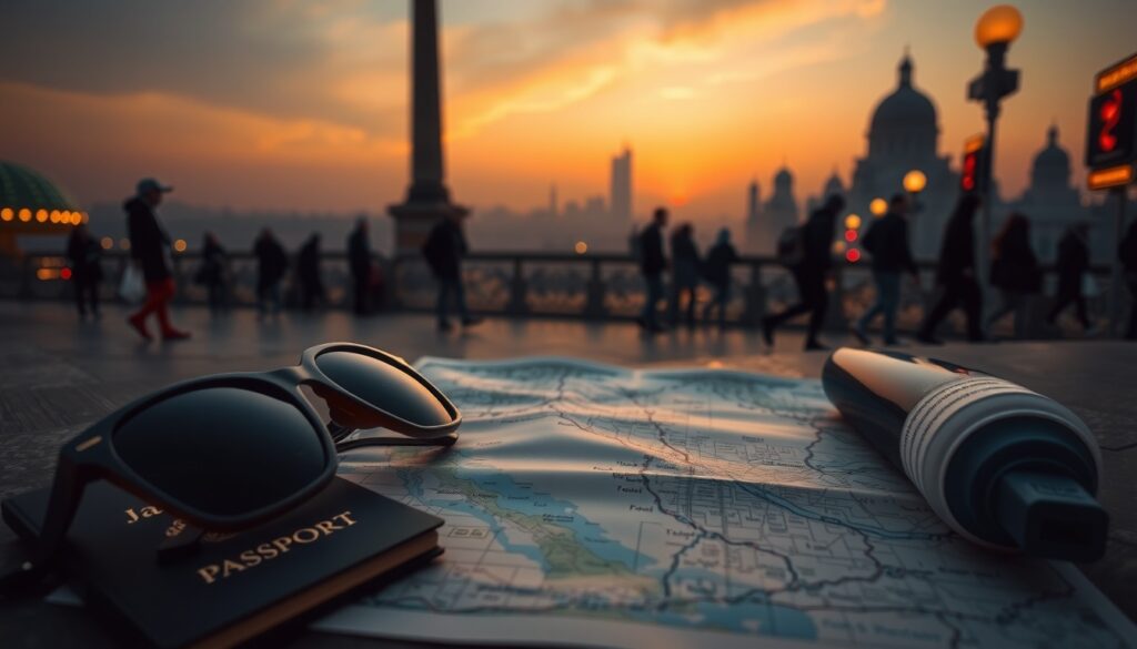 황금연휴 어디로 - flat lay of travel essentials including sunglasses, passport, map, and sunscreen on a bright summer background, golden holiday Korea travel concept
