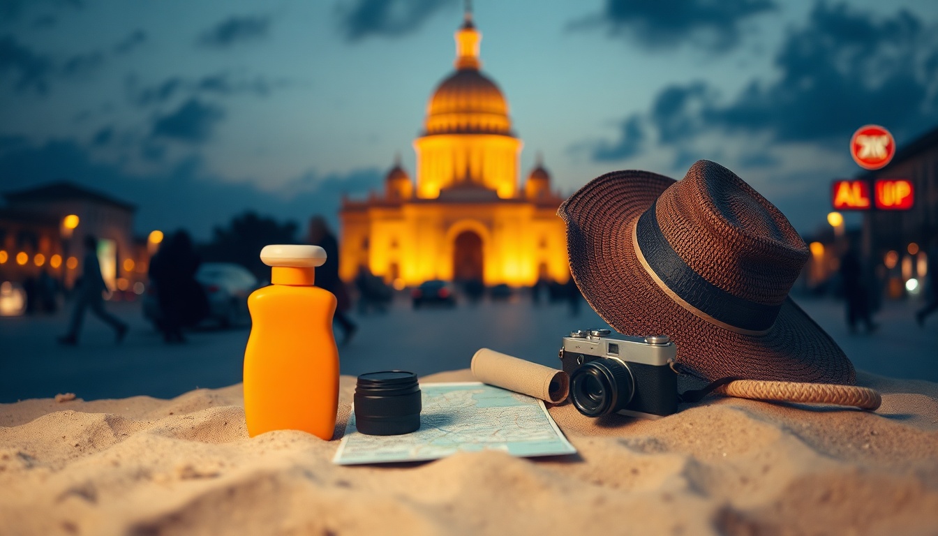 경북문화관광공사 여행 - flat lay of travel essentials including sunscreen, hat, camera, and map on sandy beach background, East Sea summer travel concept